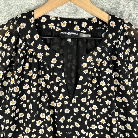 Karl Lagerfeld Black Floral Blouson Top Women Large Split V-Neck 3/4 Puff Sleeve - Picture 4 of 16